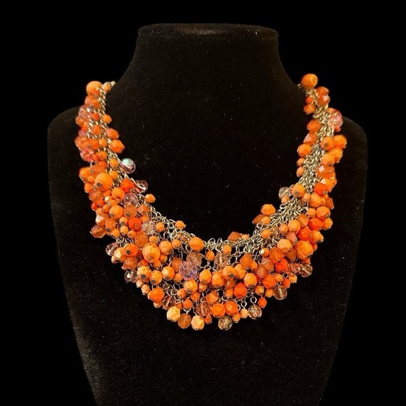 Vibrant Orange Beaded Chunky Beaded Bib Statement Necklace - Picture 2 of 2